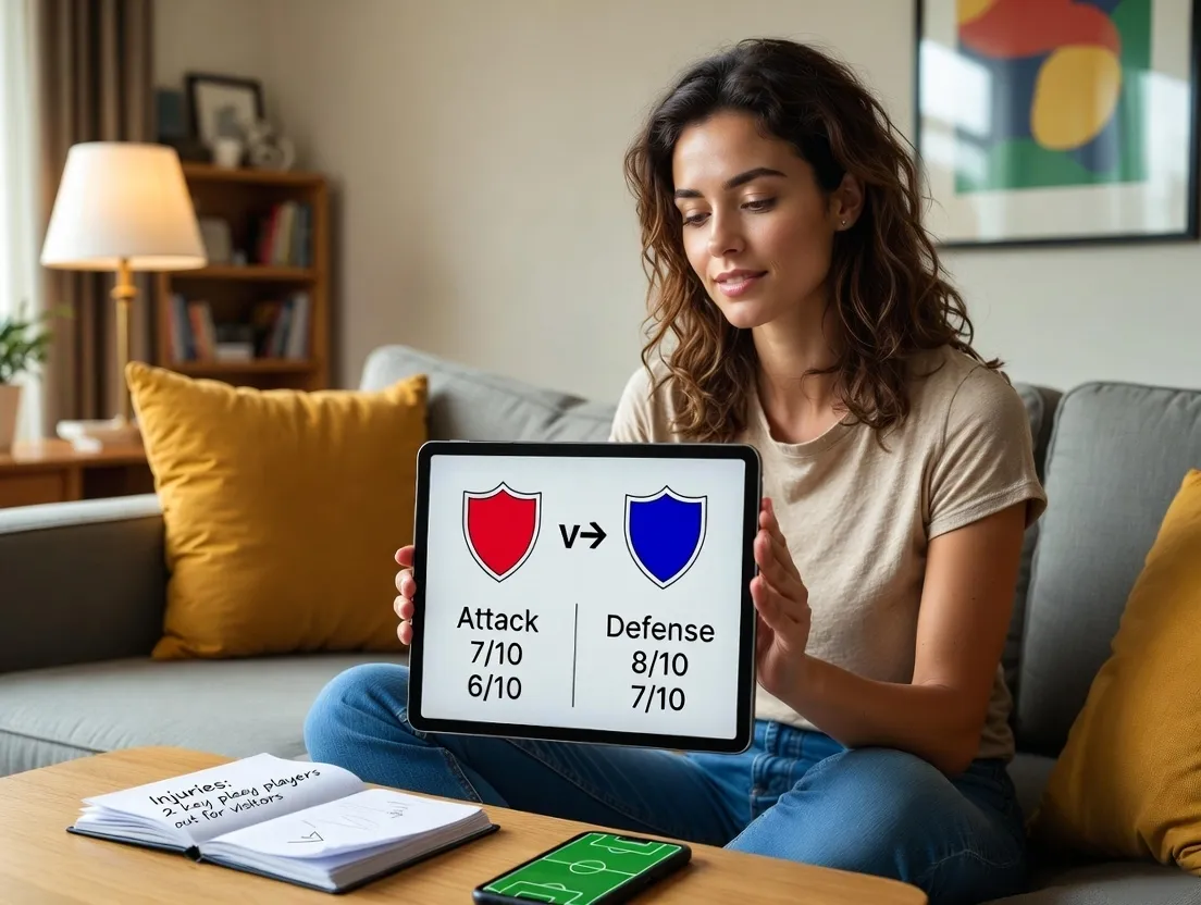 Mulher portuguesa a pesquisar estatísticas de equipas num tablet antes do jogo