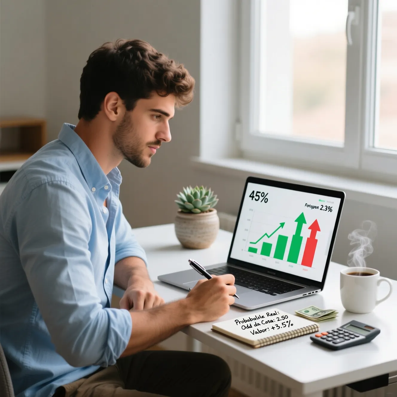 Homem português a analisar dados de probabilidades e odds num portátil