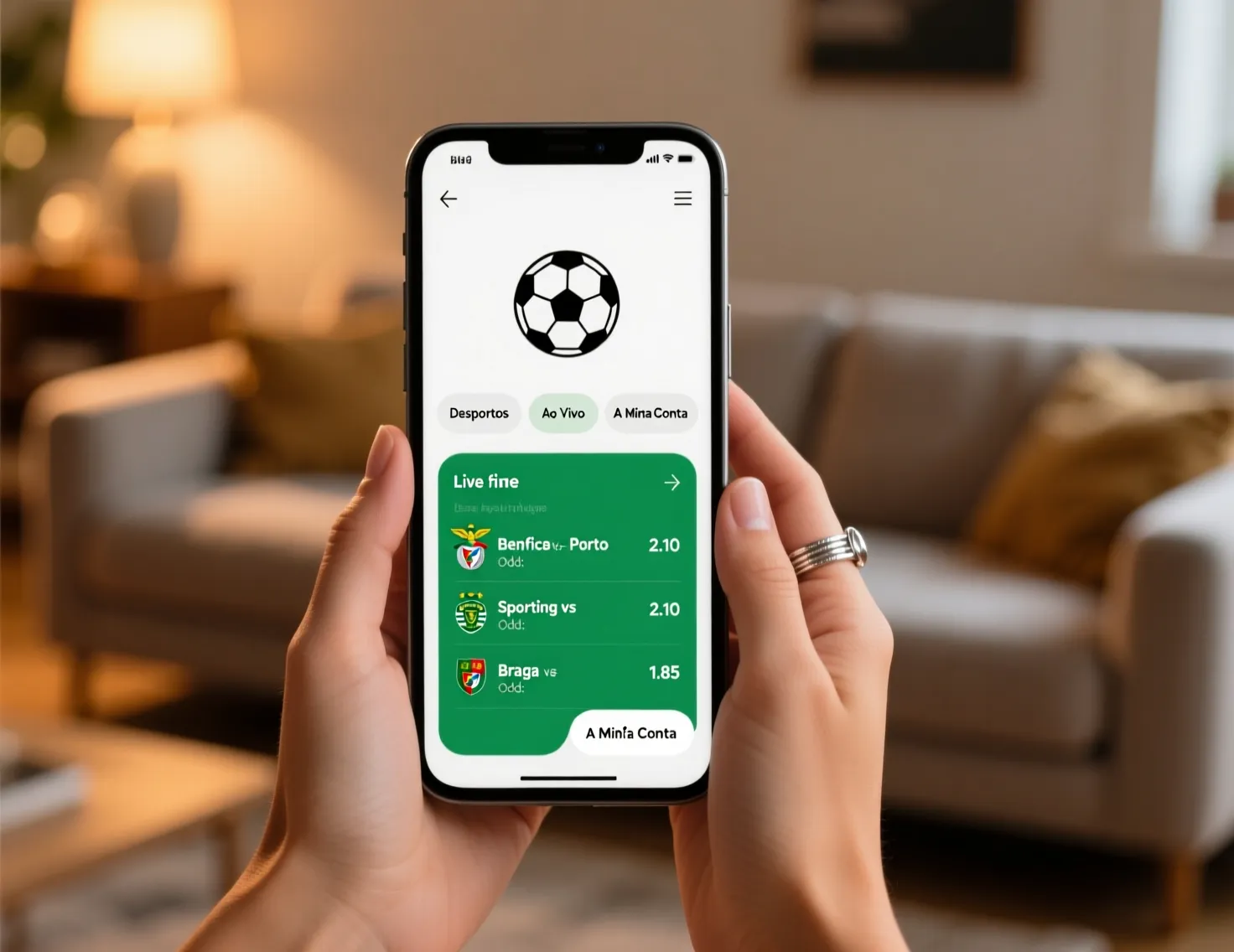 Mãos a segurar smartphone com aplicação móvel de apostas de interface limpa