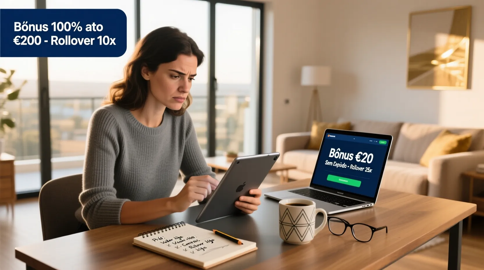Mulher concentrada a comparar ofertas de bonus em tablet e computador portatil