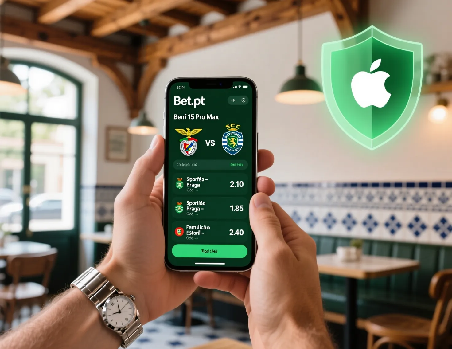 Mãos a segurar smartphone com aplicação de apostas desportivas mostrando jogos da Liga Portuguesa
