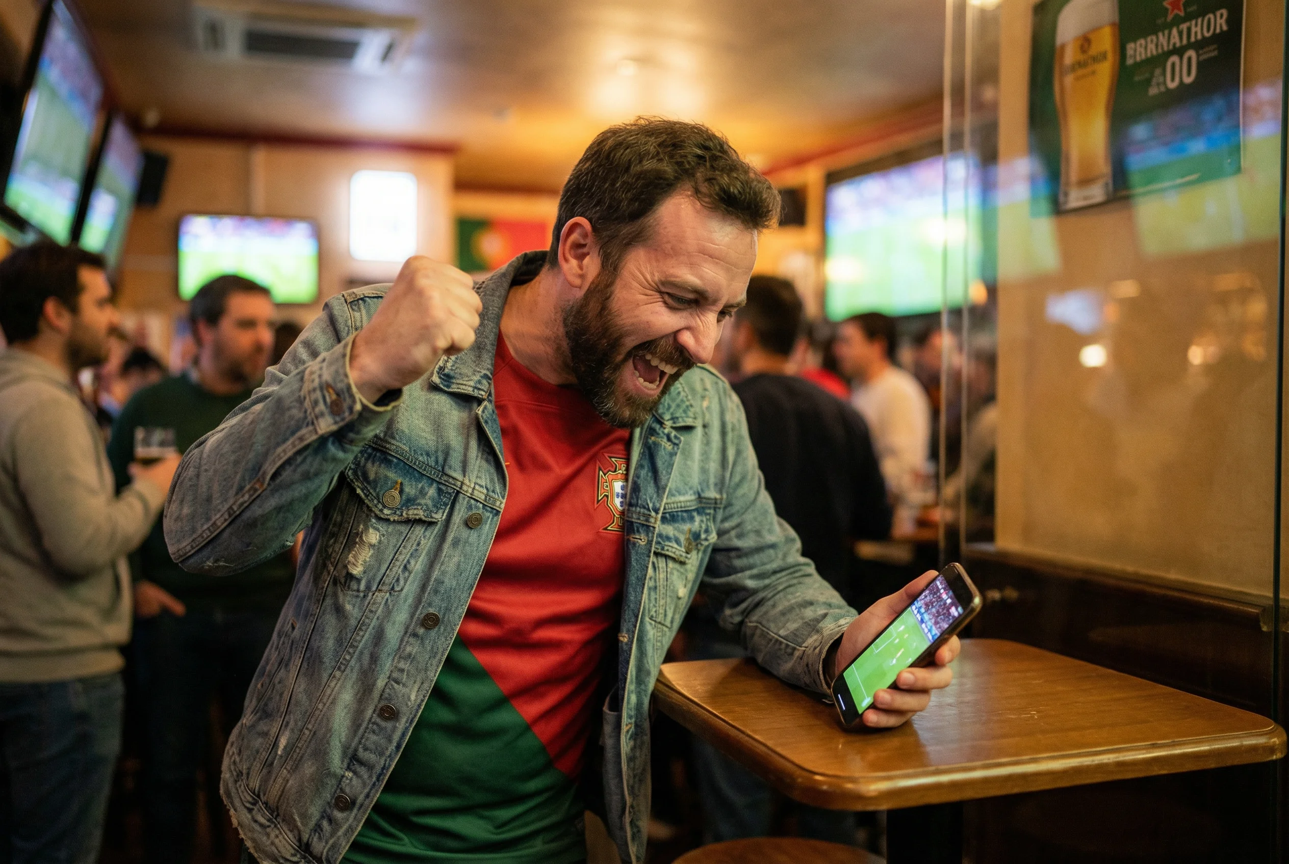 Adepto a celebrar enquanto assiste a um jogo de futebol no telemóvel