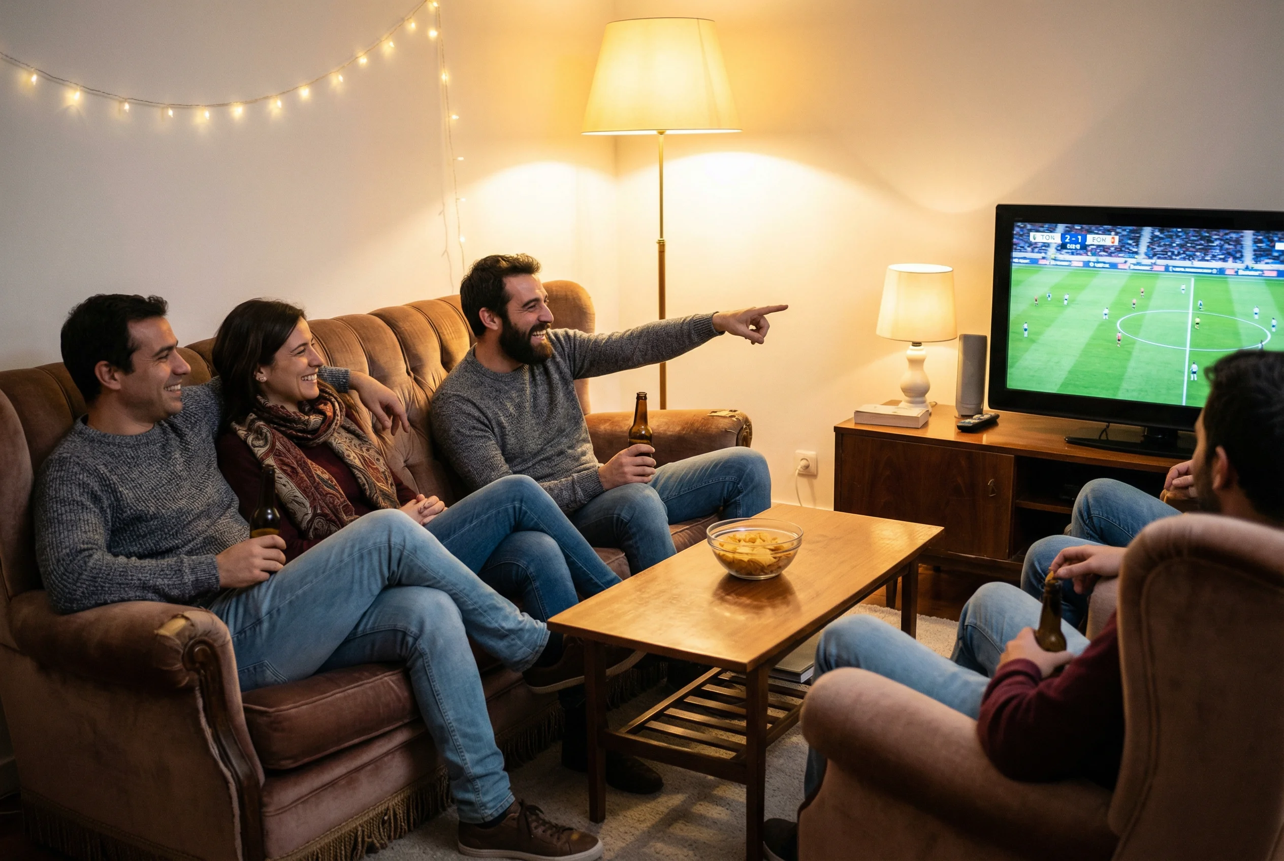 Grupo de amigos a assistir a futebol num ambiente descontraído