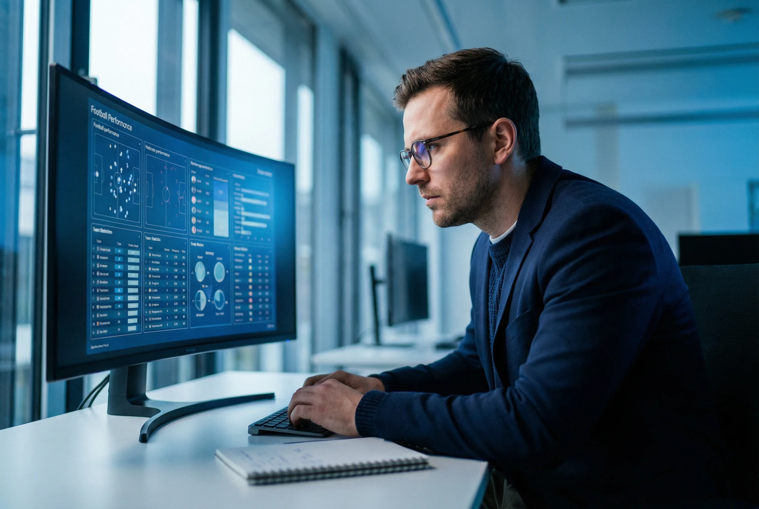 Analista a estudar dados estatísticos de futebol num computador