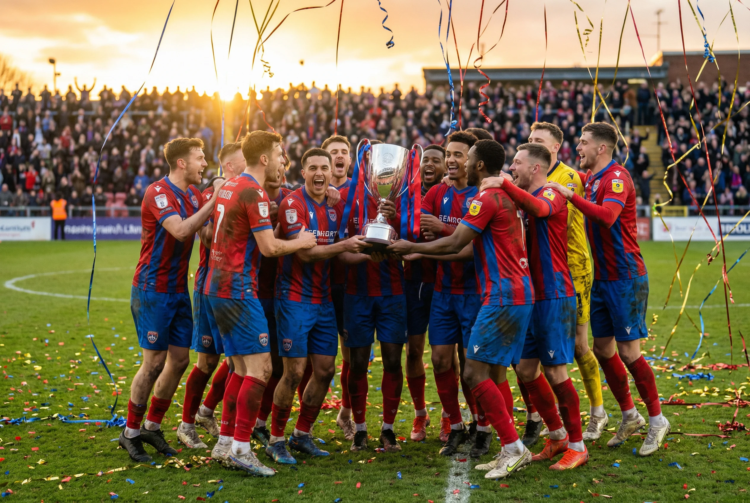 Jogadores de futebol a celebrar com troféu no relvado