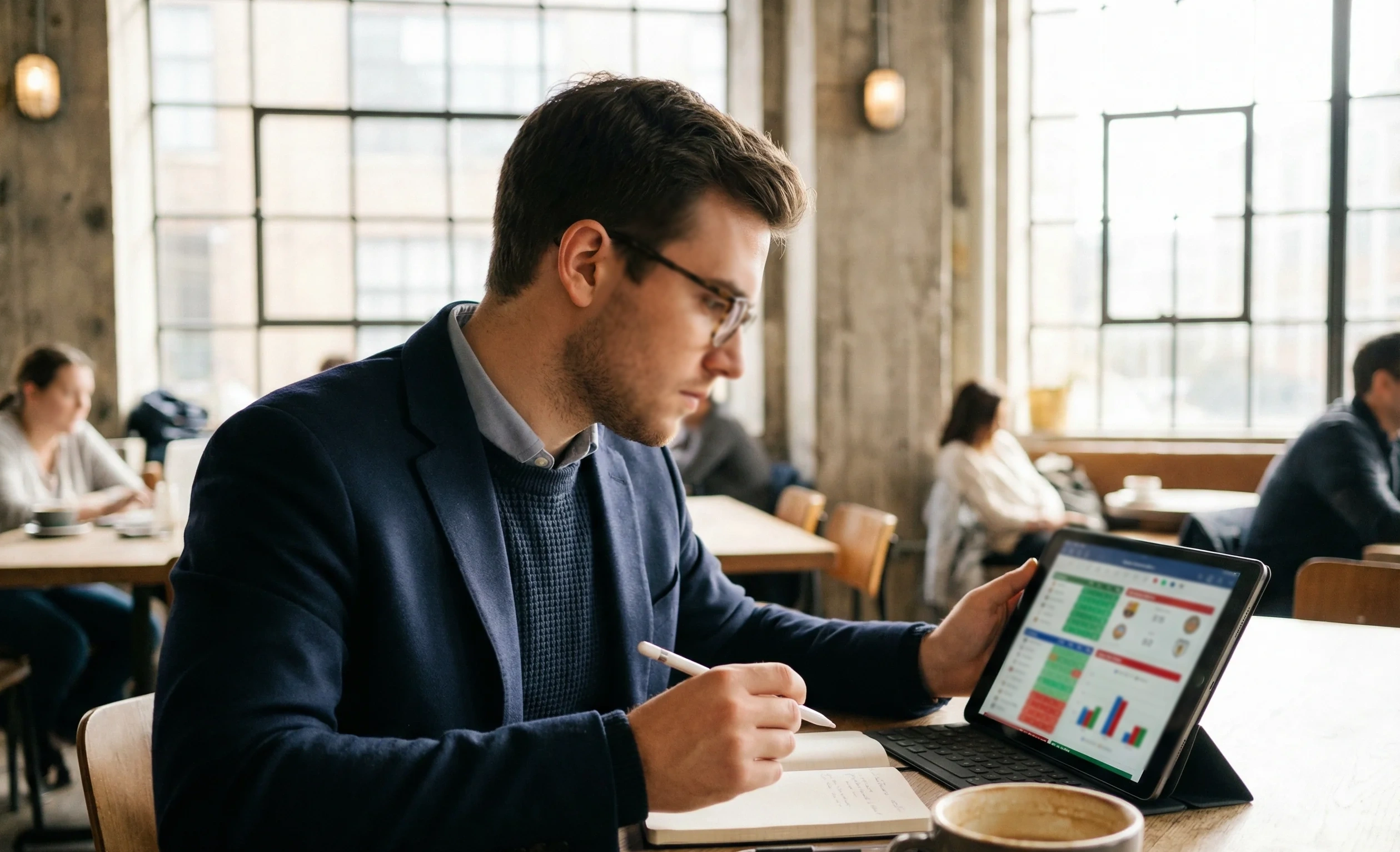 Pessoa a analisar estatísticas de futebol num tablet