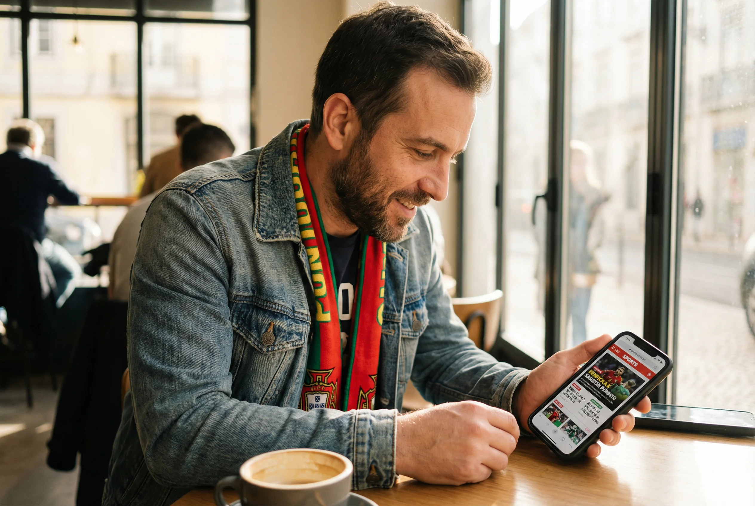 Adepto português a ler notícias de futebol num smartphone