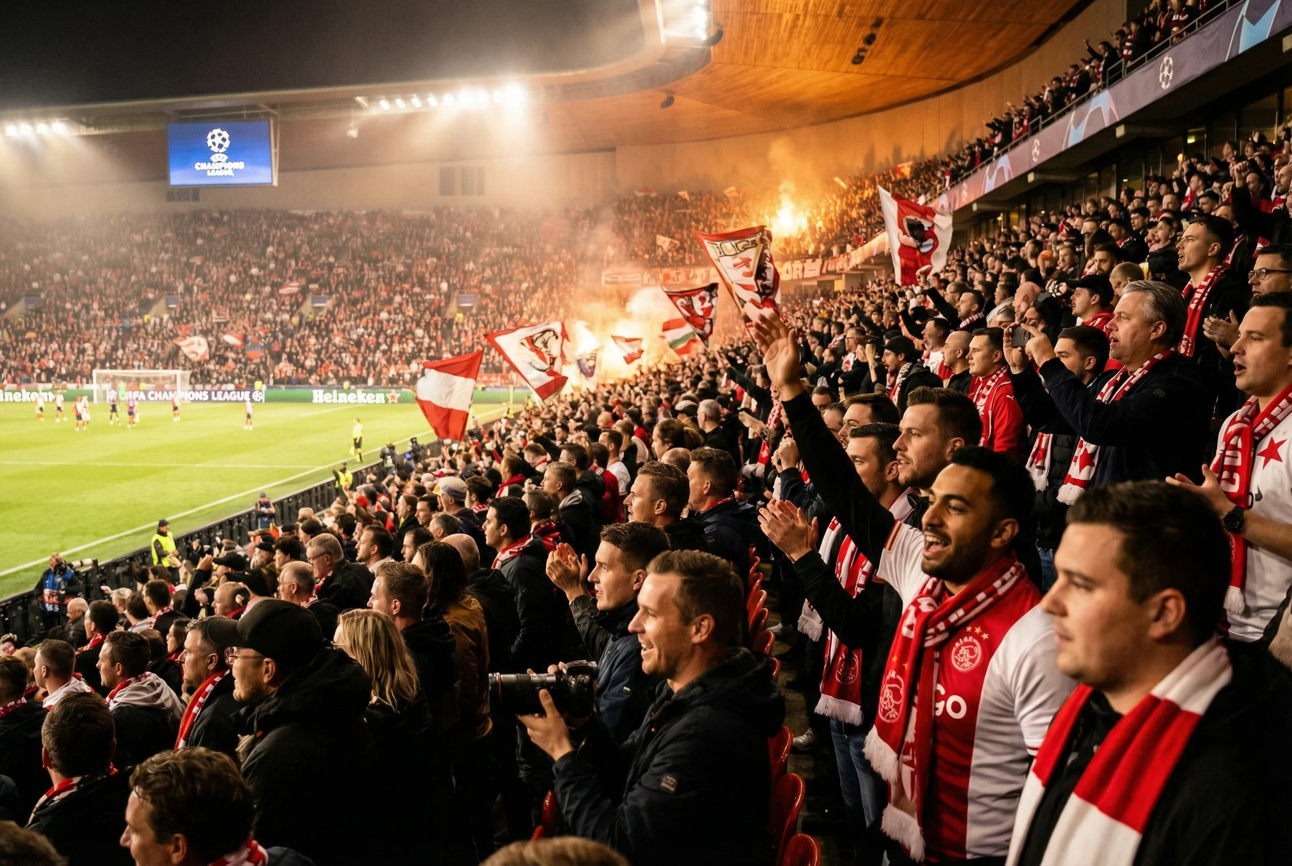 Adeptos no estádio a assistir a um jogo de futebol europeu à noite