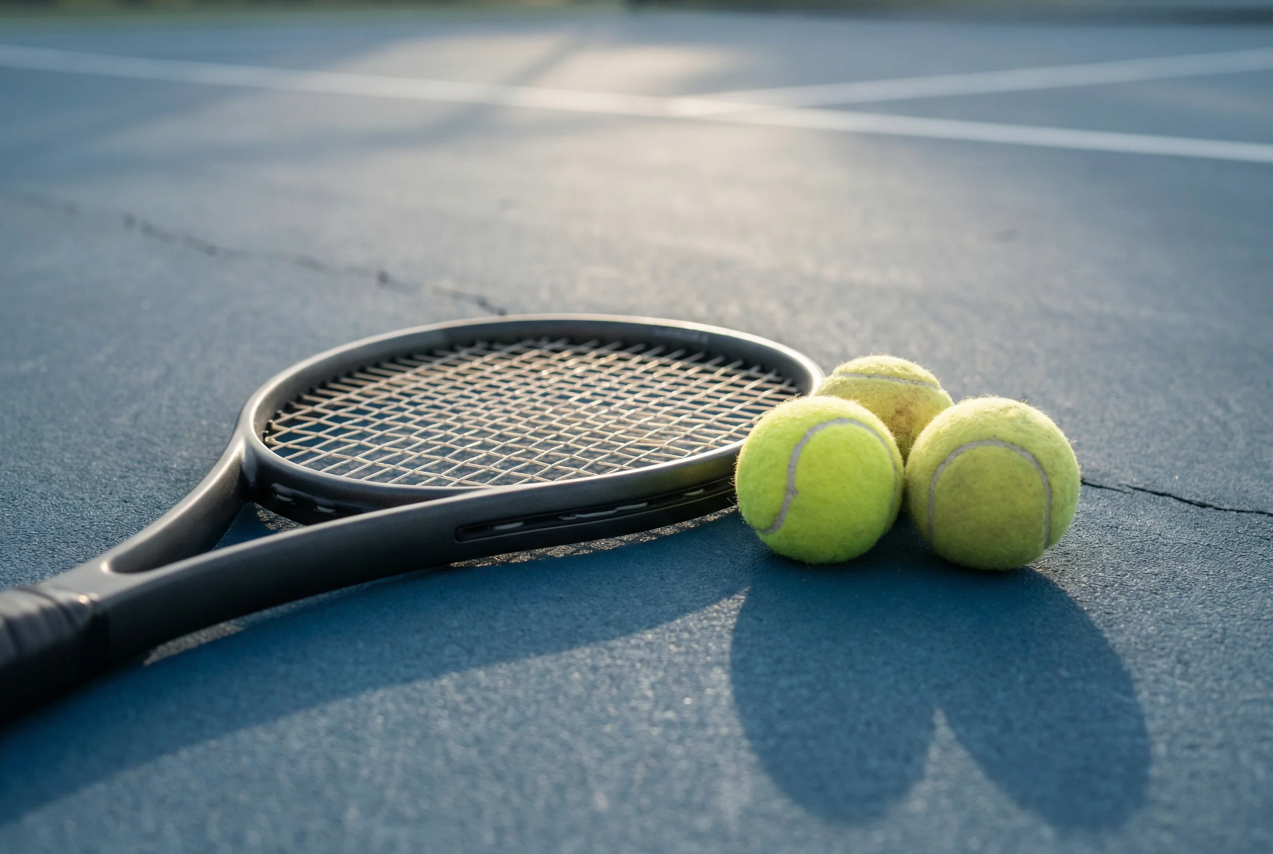Raquete de ténis e bolas sobre um court