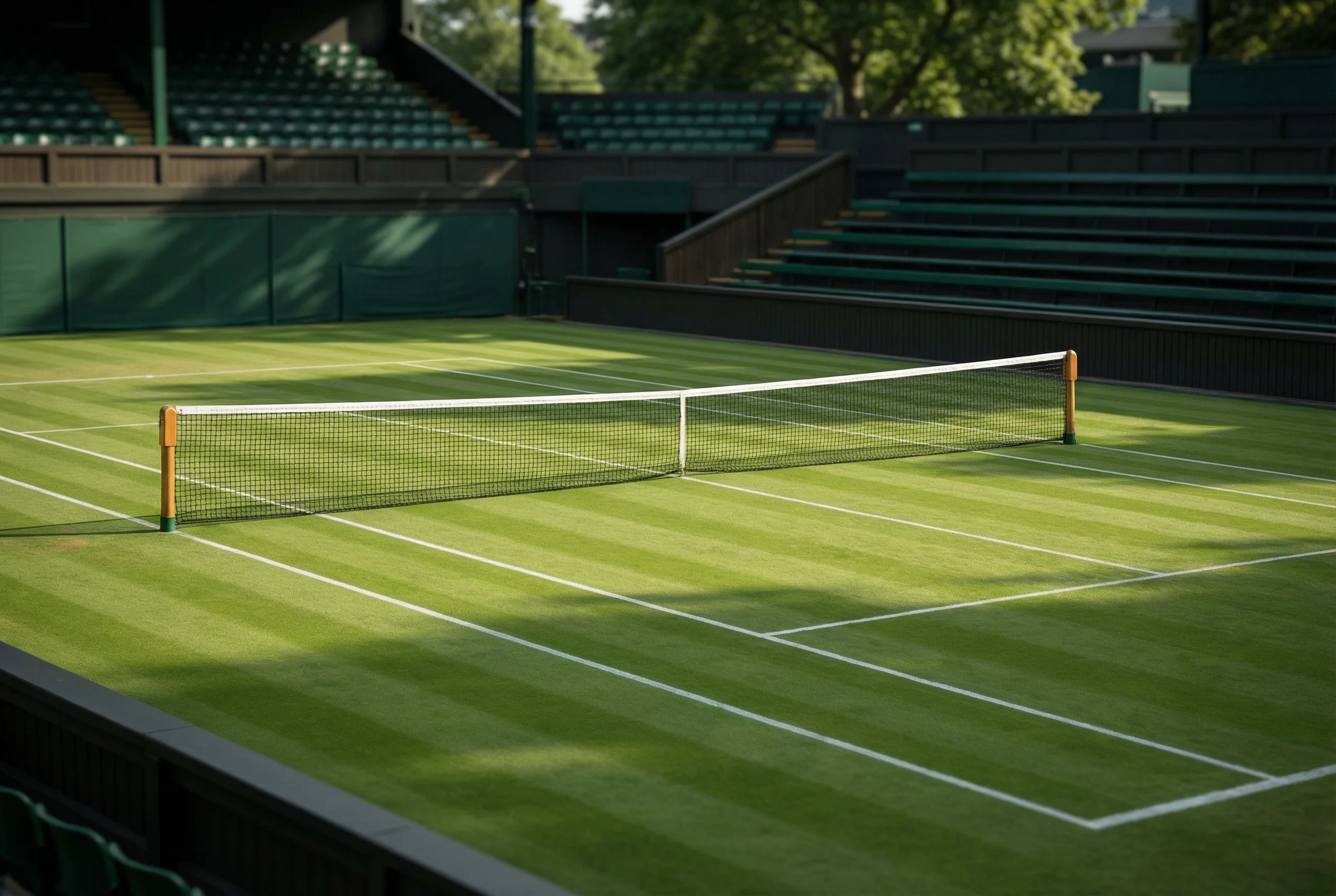 Court de ténis de relva em Wimbledon com redes e linhas brancas