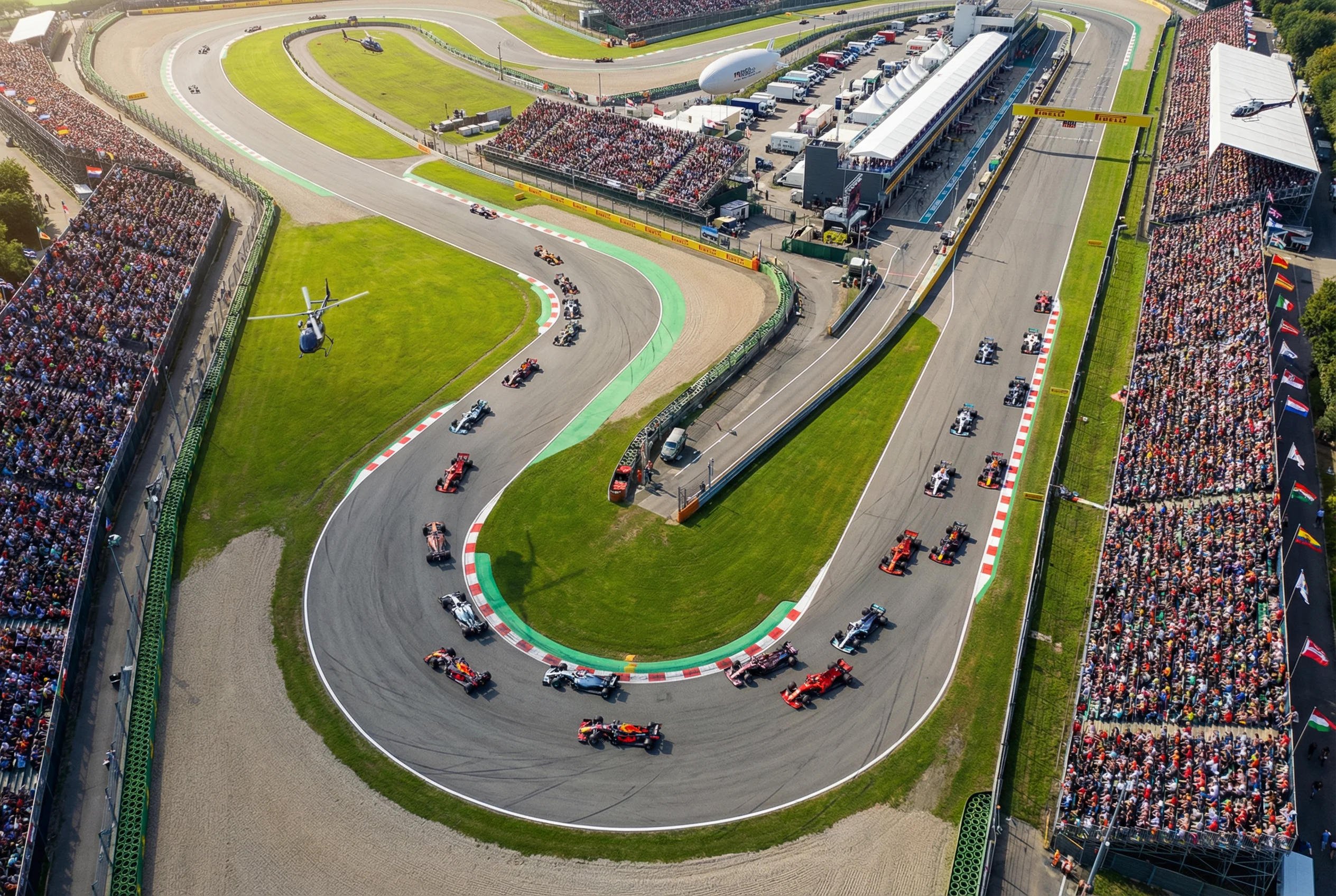 Vista aérea de um circuito de Fórmula 1 durante uma corrida