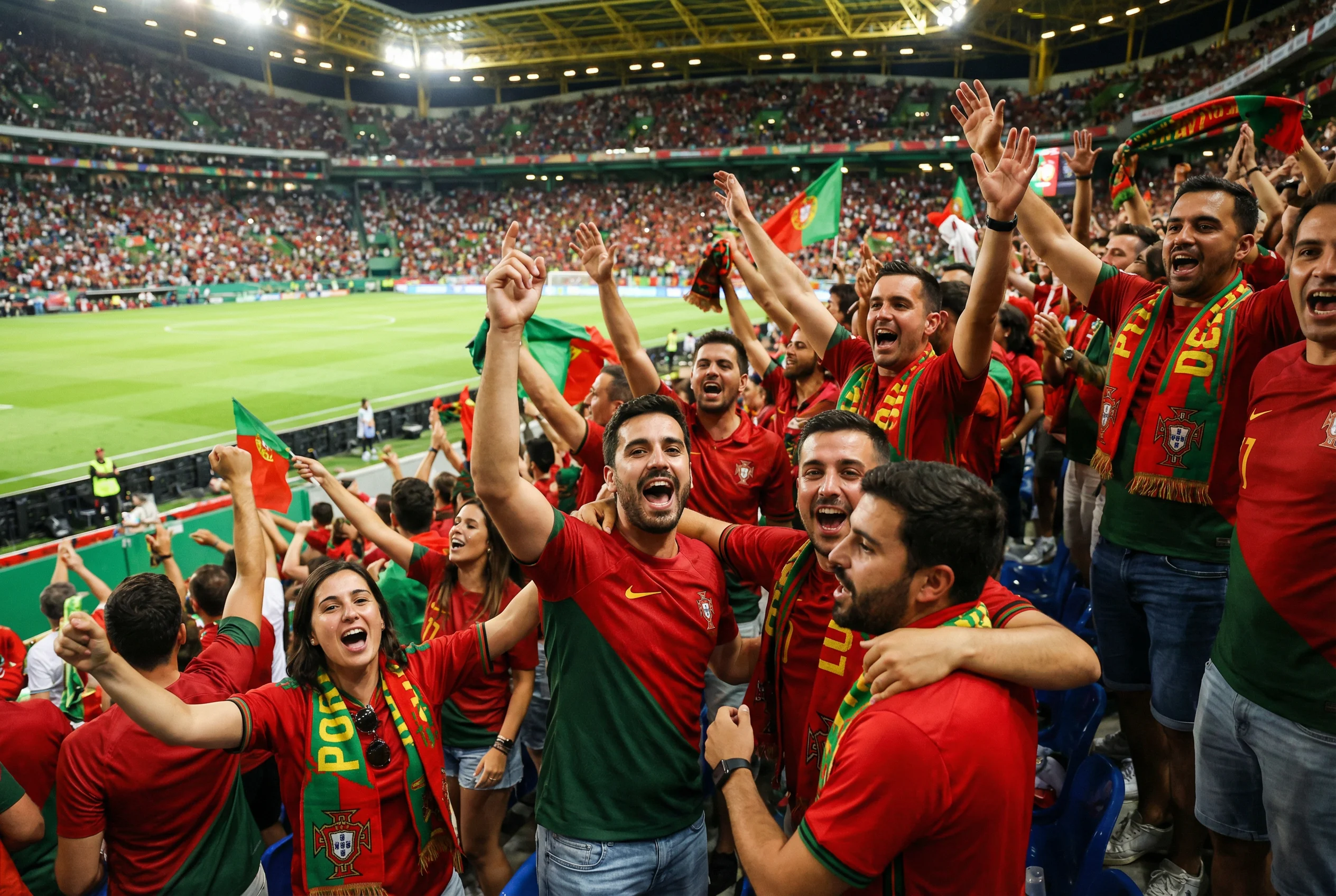 Adeptos portugueses a celebrar no estádio durante um jogo