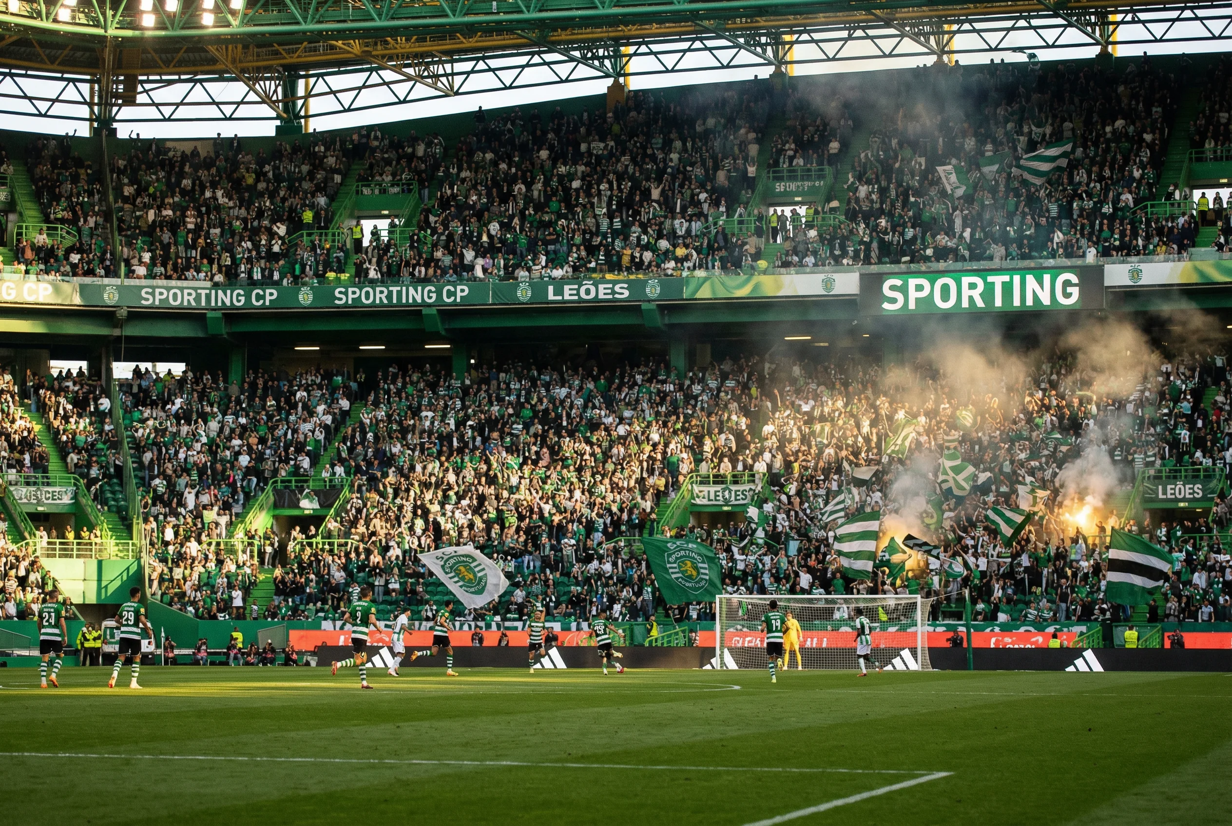Jogo de futebol no Estádio de Alvalade com adeptos nas bancadas