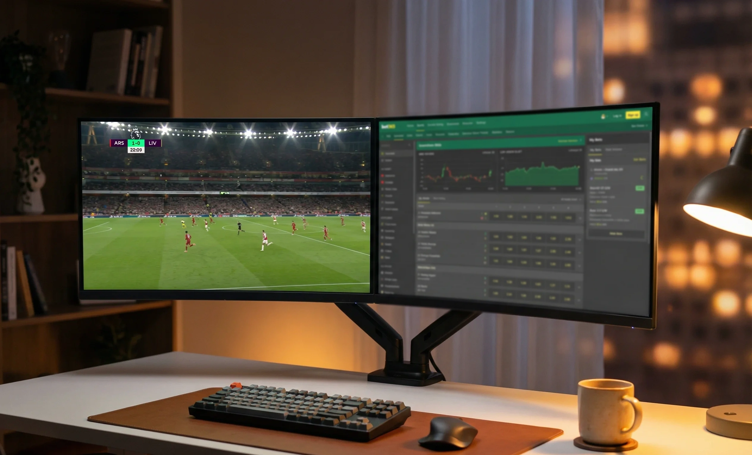 Configuração com dois ecrãs mostrando jogo de futebol e plataforma de apostas