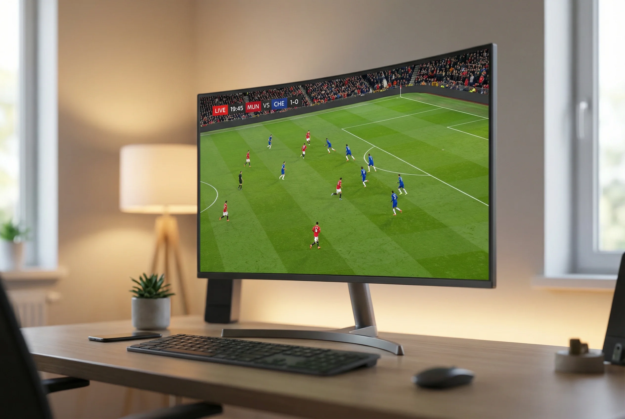 Ecrã de computador mostrando transmissão de futebol em directo