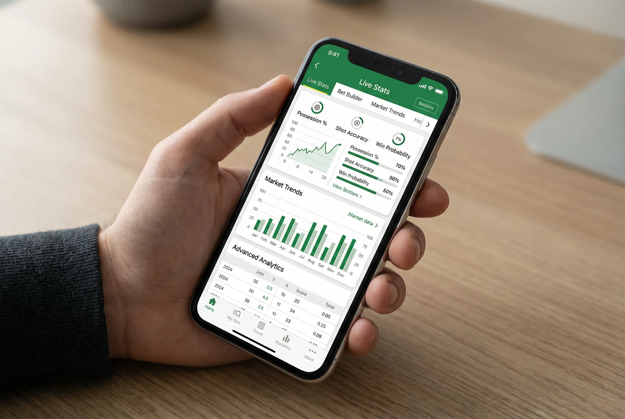 Ecrã de smartphone mostrando ferramentas avançadas de apostas