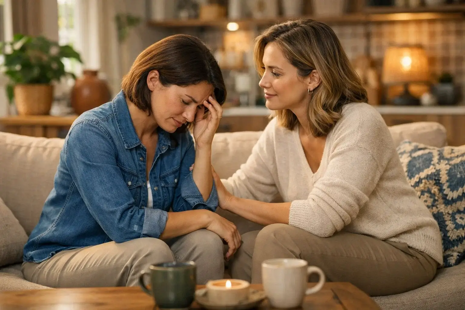 Duas pessoas em conversa de apoio num ambiente acolhedor