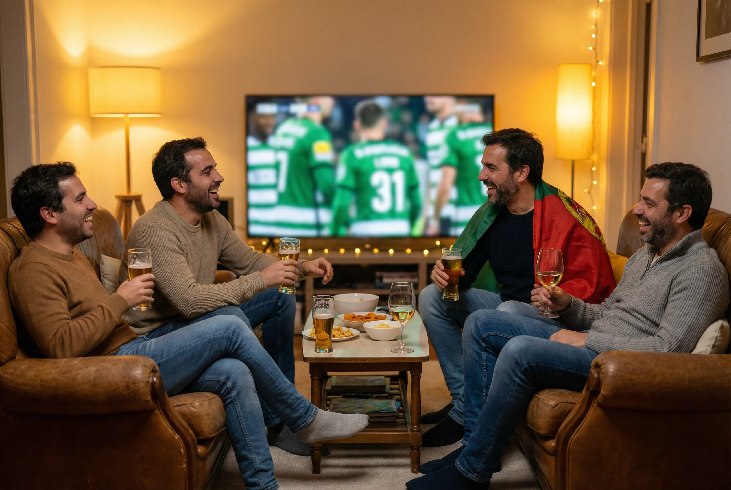 Grupo de amigos a assistir a um jogo de futebol num ambiente descontraído