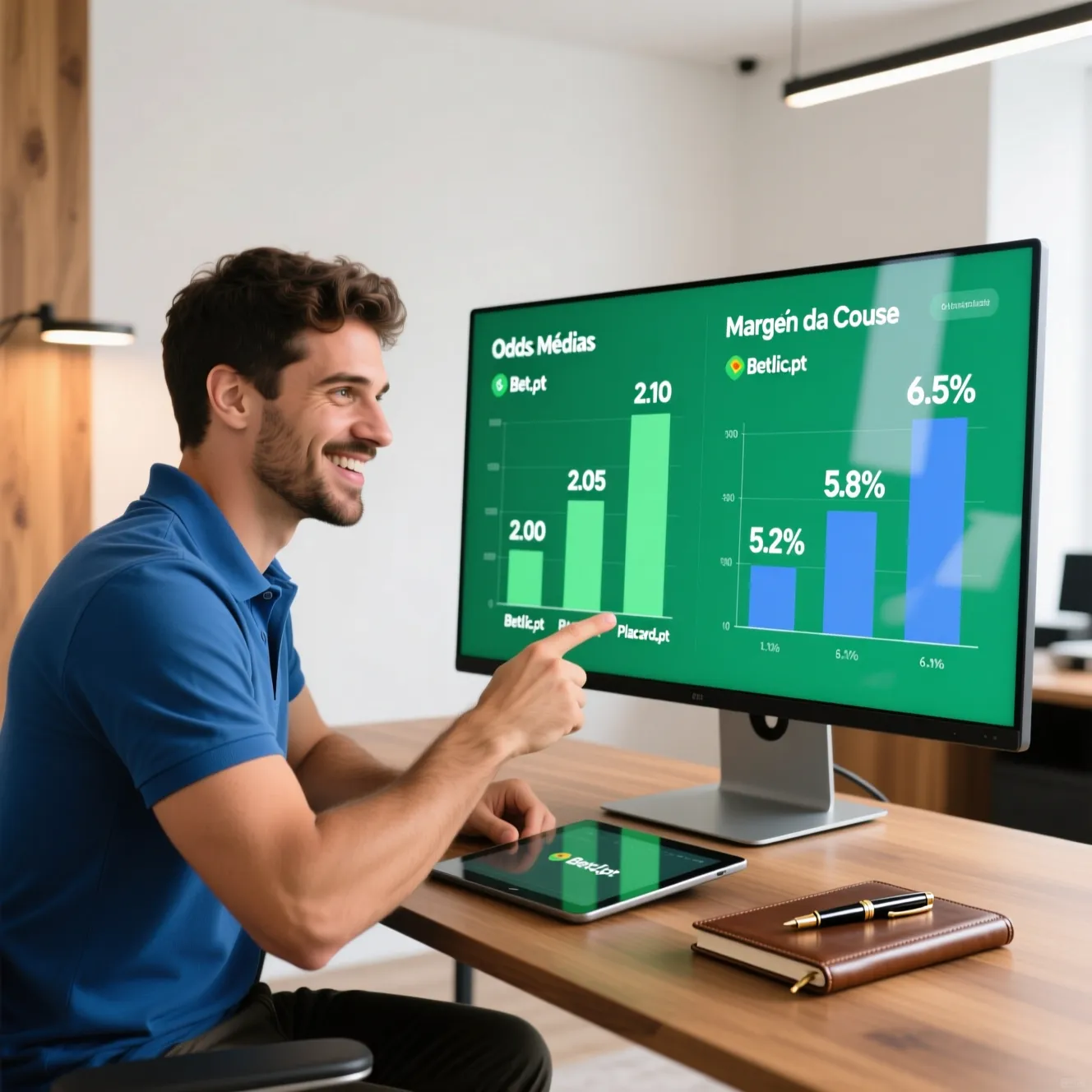 Homem a comparar diferentes valores e gráficos num monitor e tablet