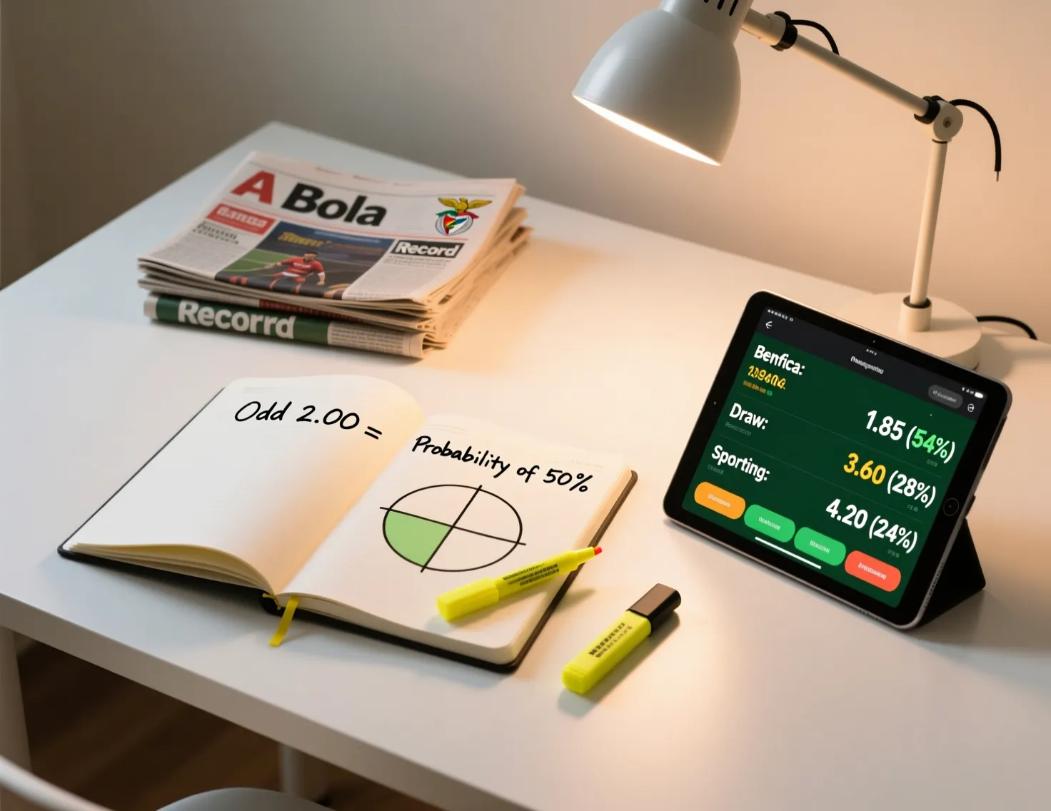 Mesa organizada com materiais educativos sobre odds de apostas desportivas