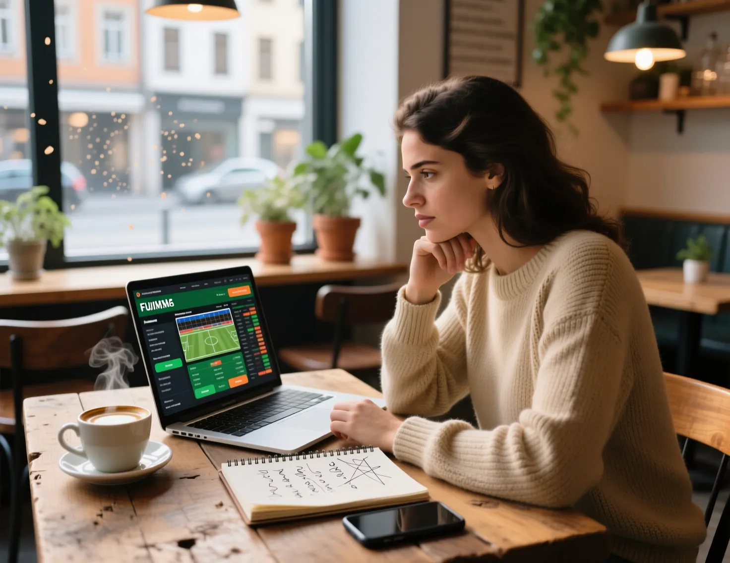 Mulher pensativa a refletir sobre apostas no computador portatil num cafe