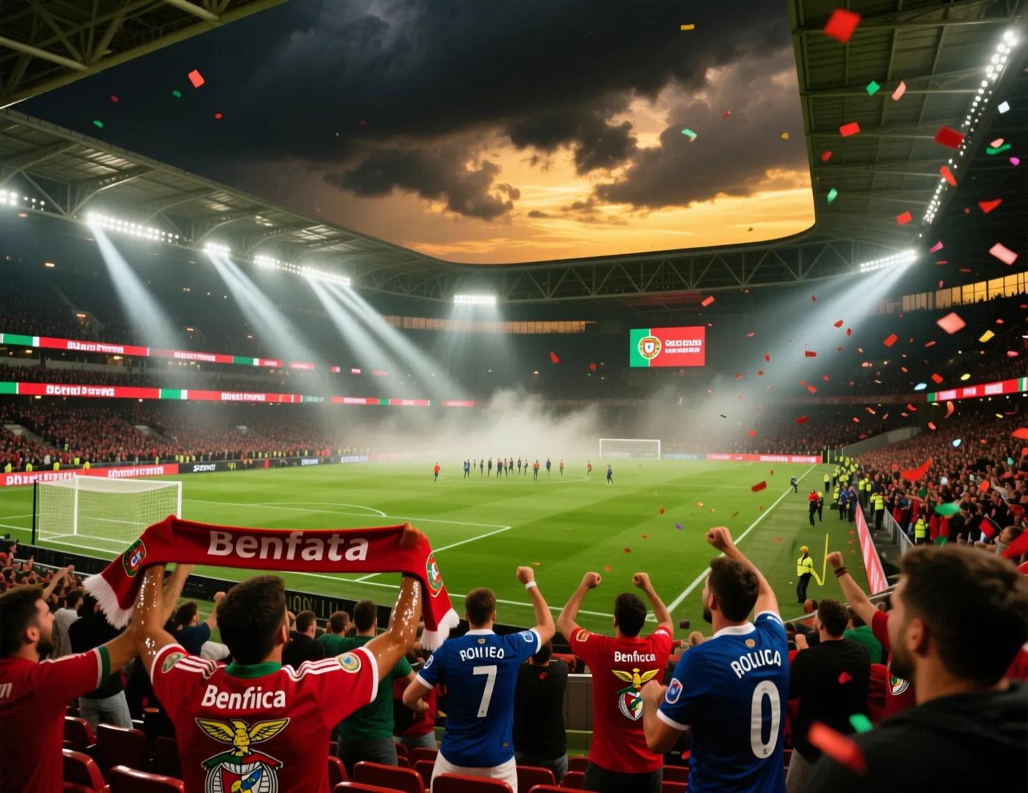 Estádio de futebol português cheio de adeptos durante um jogo noturno com atmosfera vibrante de derby
