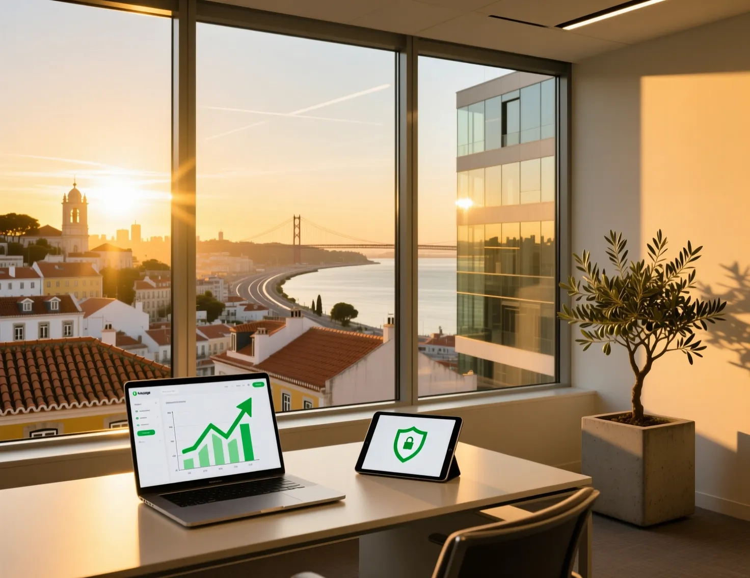 Vista panorâmica de Lisboa com elementos digitais modernos simbolizando o futuro regulado