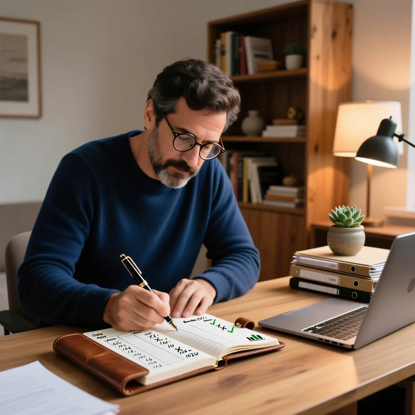 Homem português a registar apostas num caderno de forma organizada e disciplinada