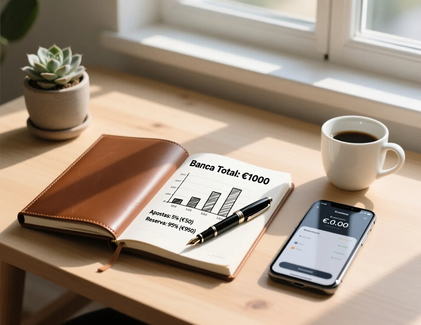 Mesa organizada com caderno de planeamento financeiro e telemovel mostrando gestao de banca