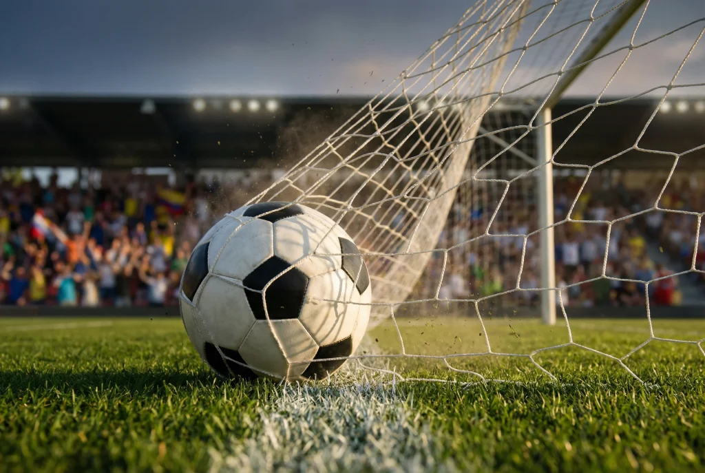 Bola de futebol a entrar na baliza durante um jogo