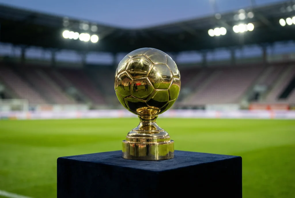 Troféu de campeão de futebol em destaque num estádio