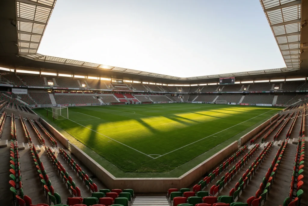 Estádio de futebol português com relvado verde e bancadas