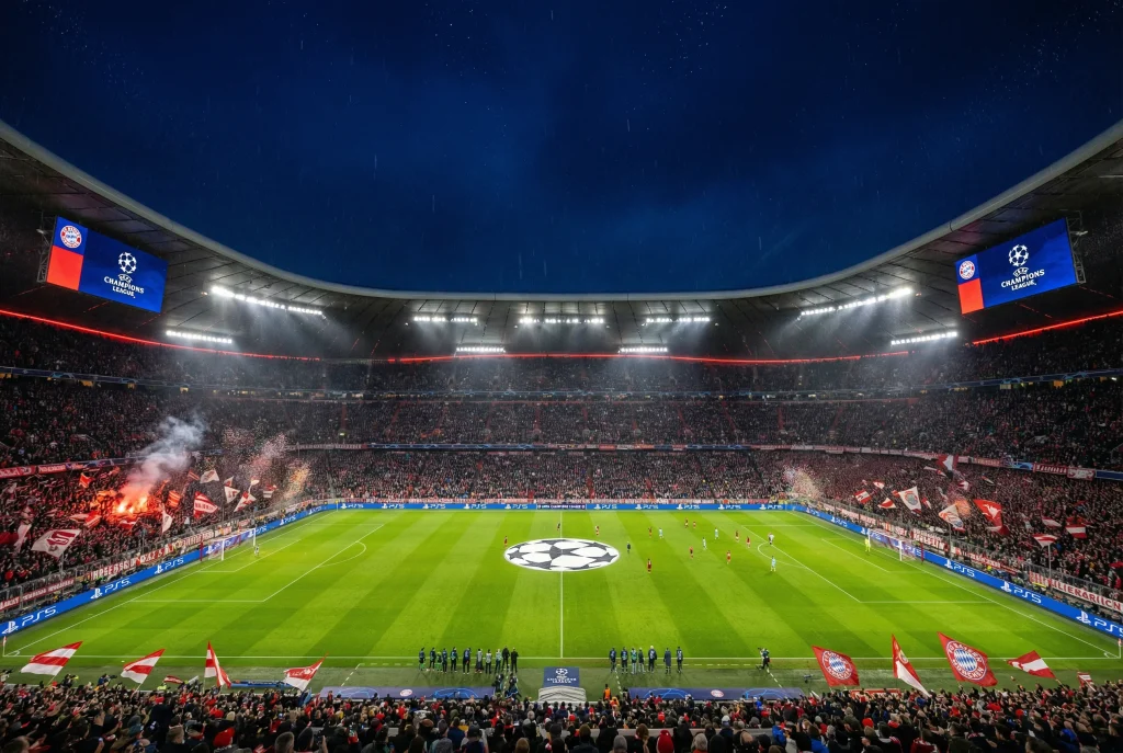 Estádio de futebol iluminado à noite durante jogo da Liga dos Campeões