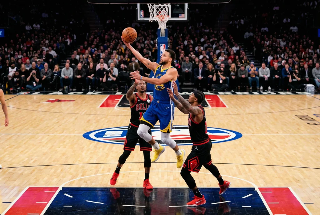 Jogo de basquetebol da NBA com jogadores em acção no campo