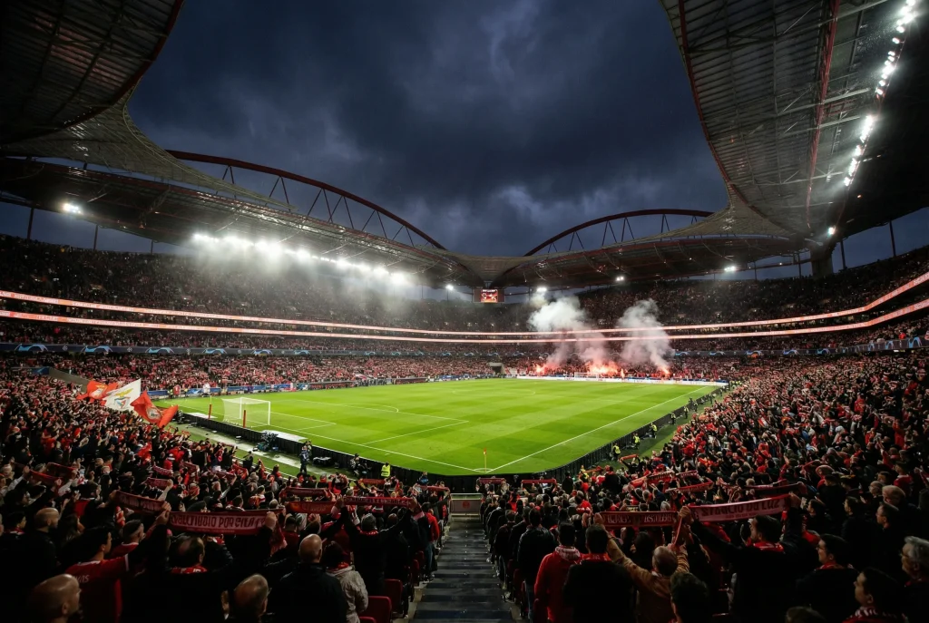 Estádio de futebol português iluminado durante um jogo nocturno