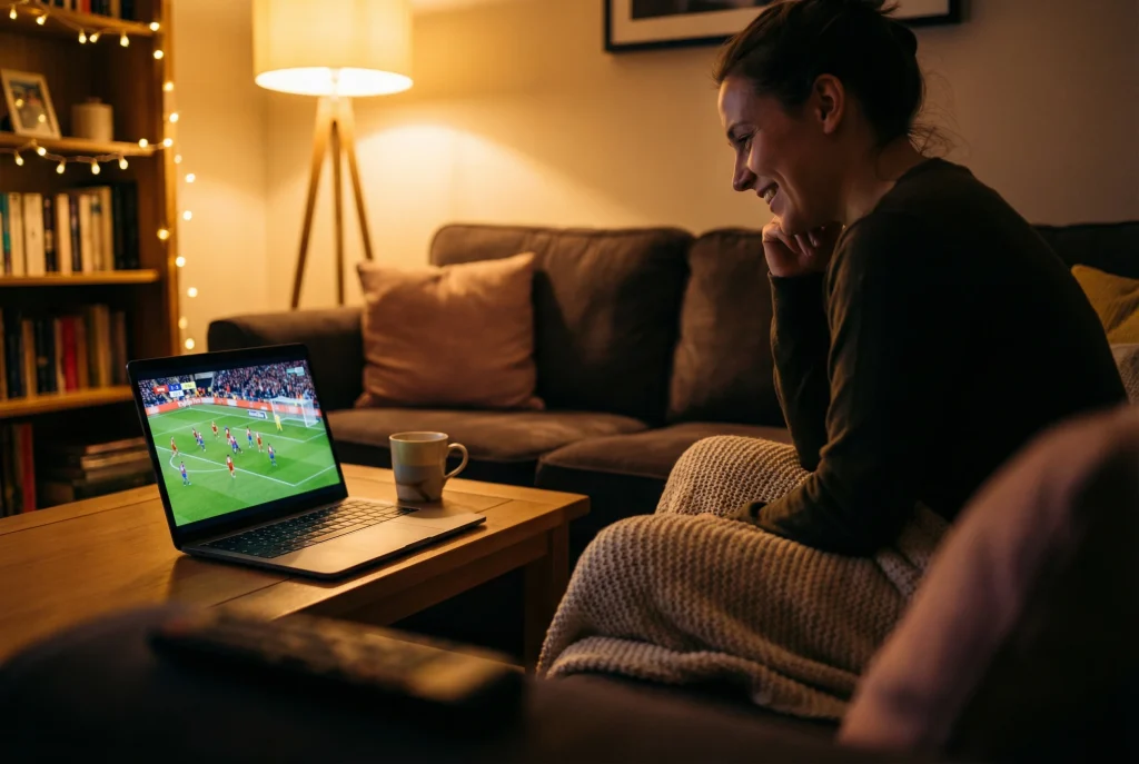 Pessoa a assistir a um jogo de futebol em streaming no computador portátil