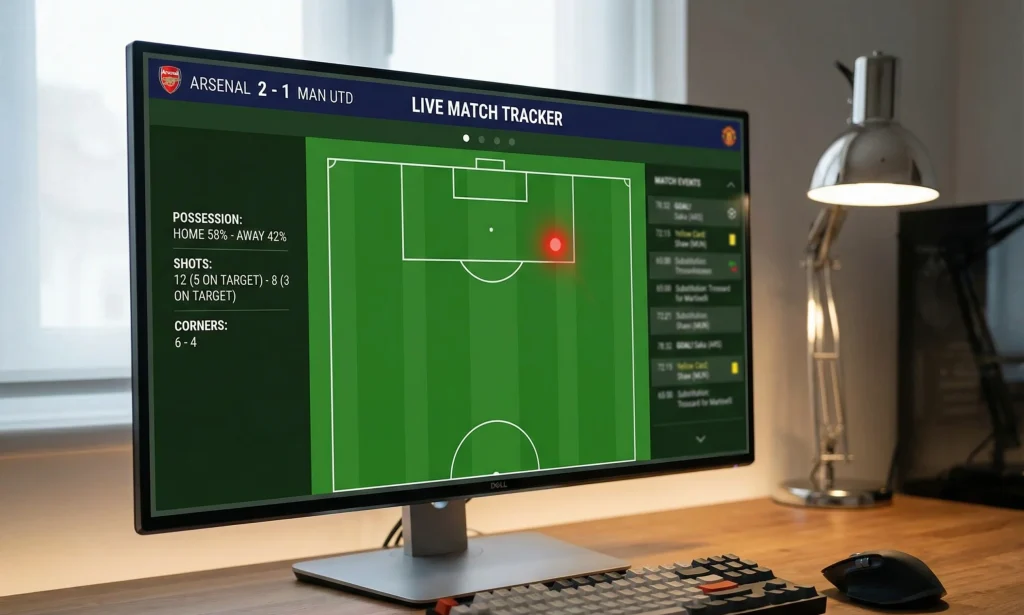 Ecrã de computador mostrando match tracker de um jogo de futebol