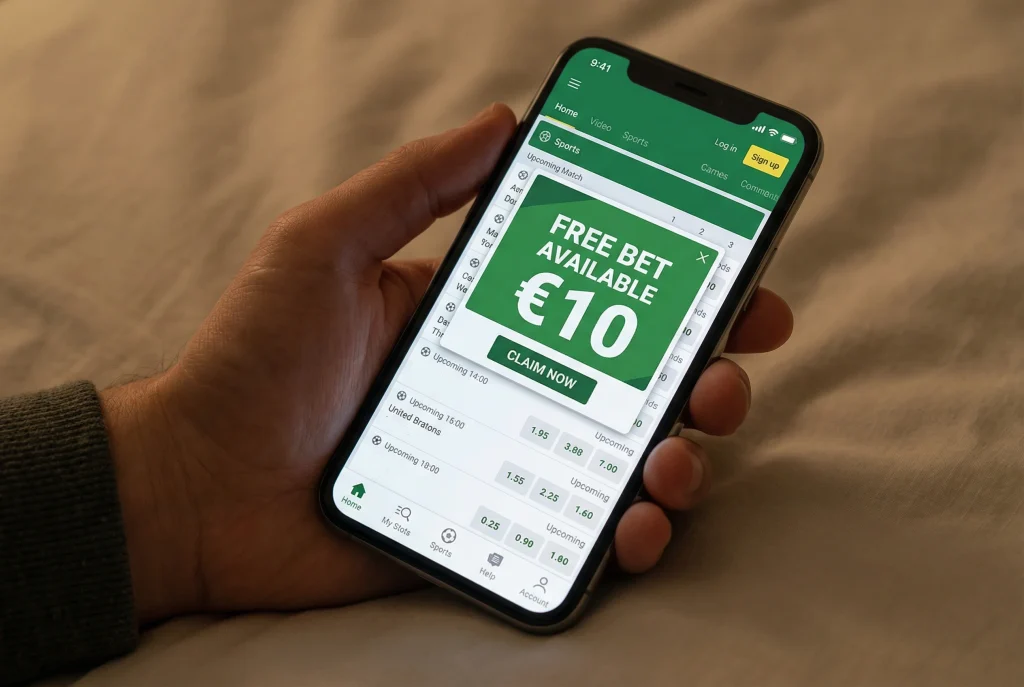Ecrã de telemóvel mostrando uma freebet disponível numa aplicação de apostas