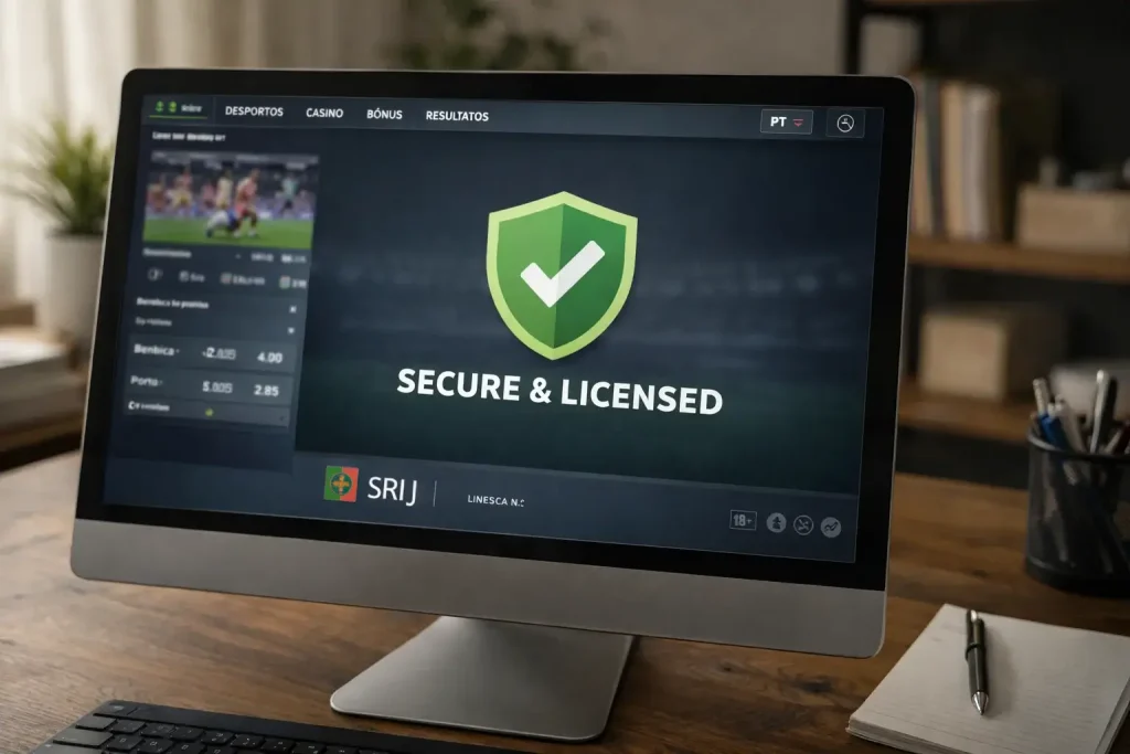 Símbolo de verificação de segurança num ecrã de computador com site de apostas