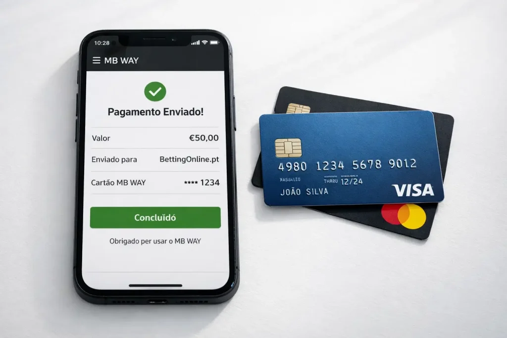 Smartphone com aplicação MB Way e cartões de pagamento
