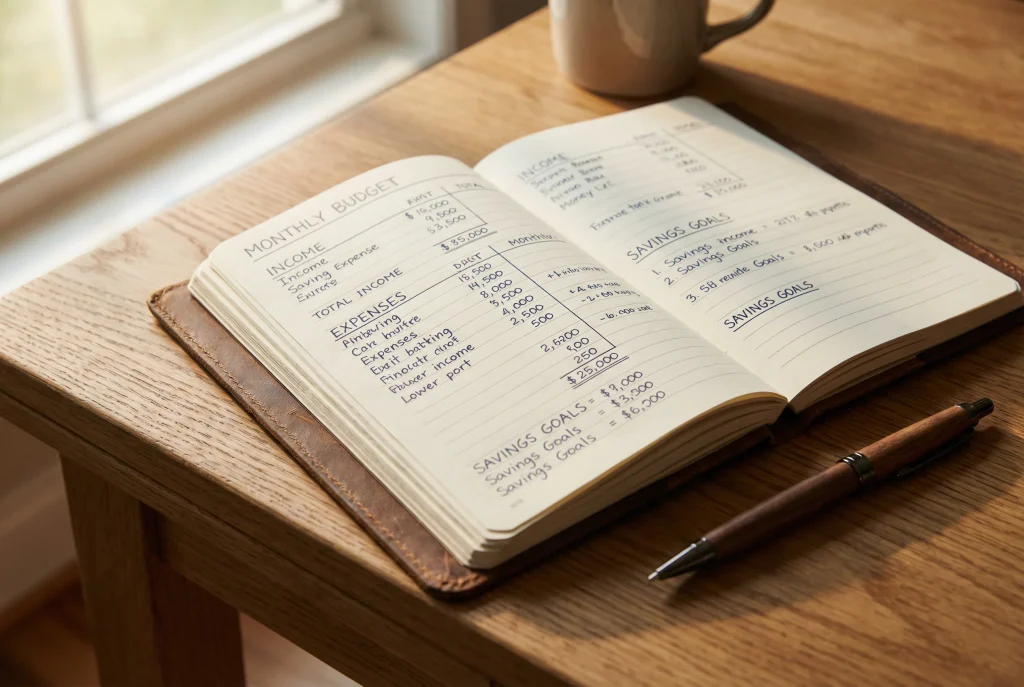 Caderno com planeamento financeiro e caneta sobre secretária