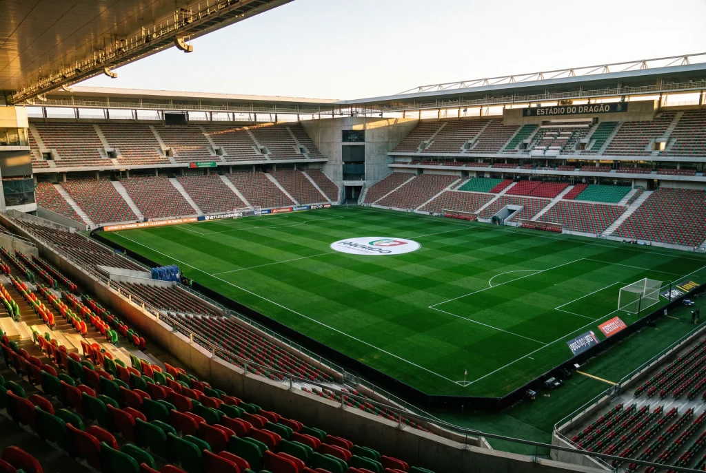 Vista panorâmica de um estádio de futebol com relvado verde