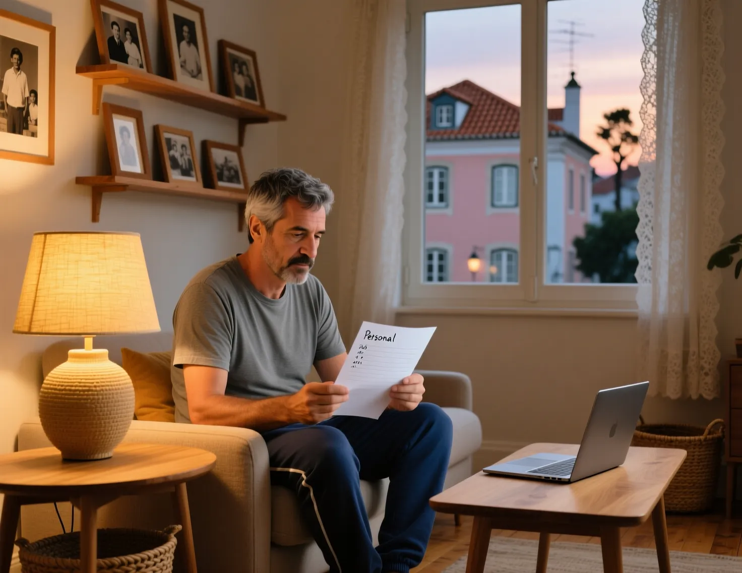 Homem português a planear calmamente o orçamento em ambiente caseiro, representando o autocontrolo nas apostas