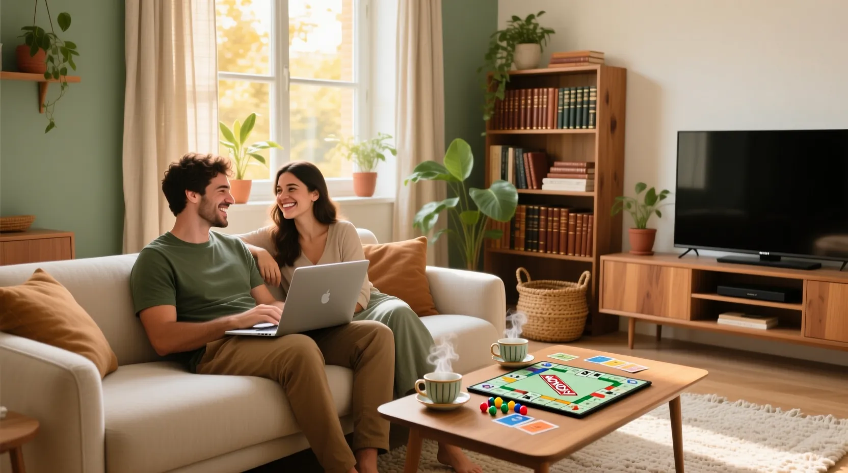 Casal relaxado em sala de estar moderna com computador fechado a conversar