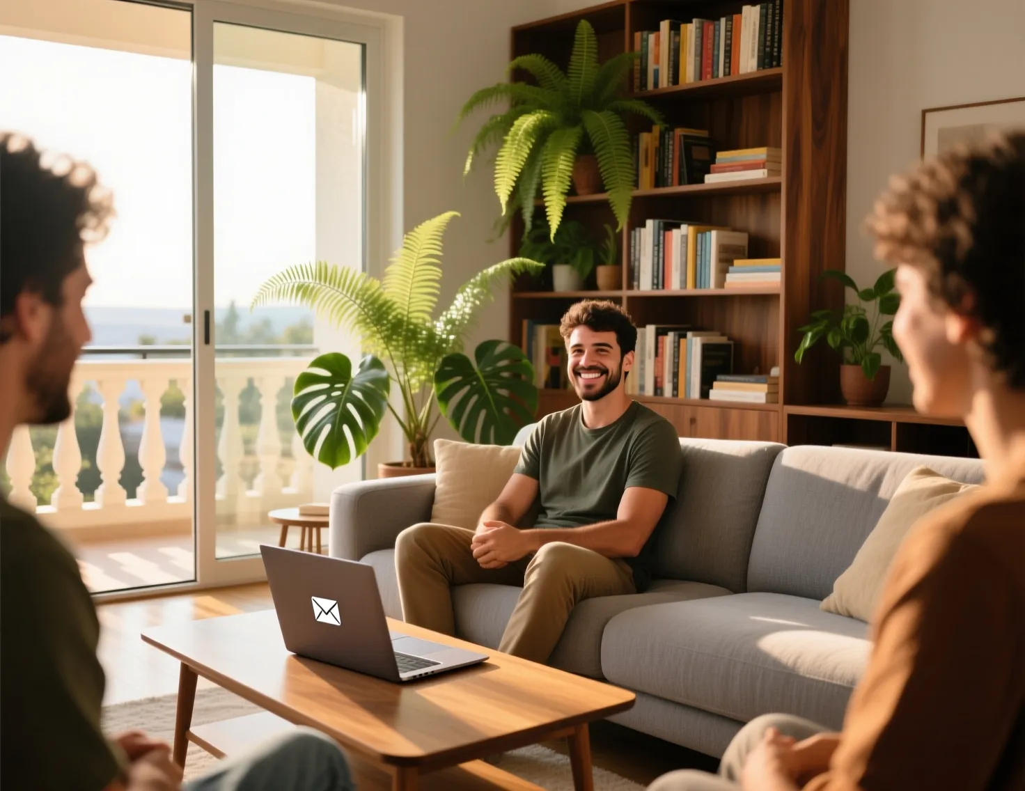 Homem relaxado em sala de estar moderna com computador fechado conversando com amigos