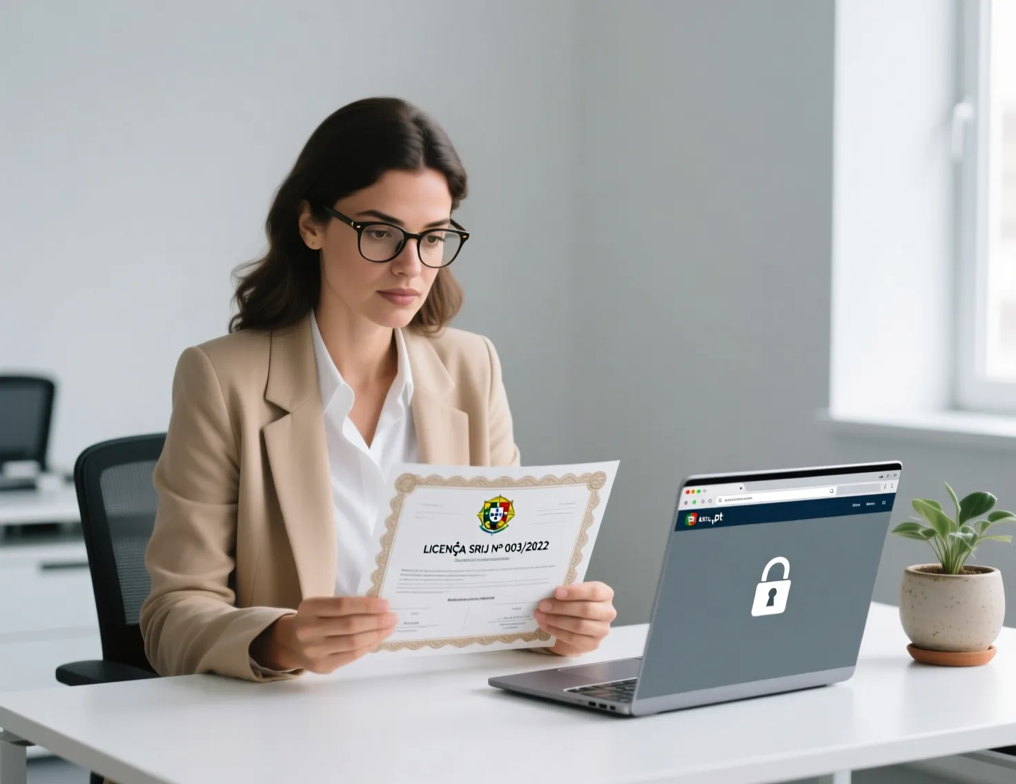 Mulher profissional a verificar documento com selo de certificação oficial de segurança