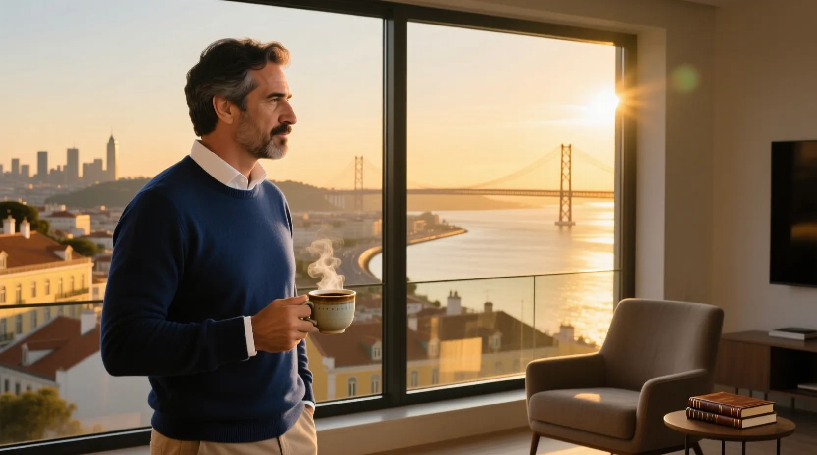 Homem português contemplativo junto a janela com vista para Lisboa ao pôr-do-sol