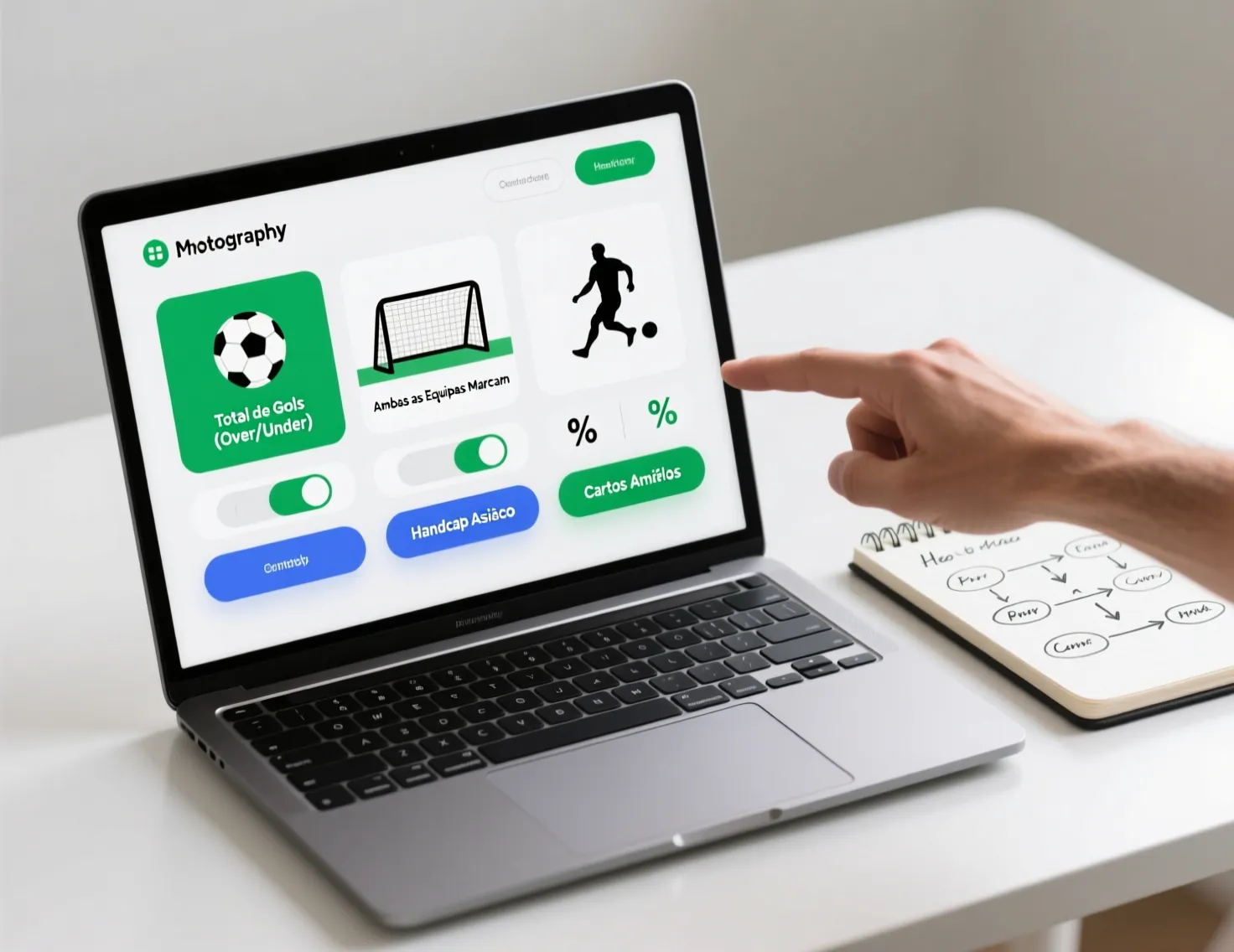 Ecrã de portátil com interface de múltiplos mercados de apostas em futebol