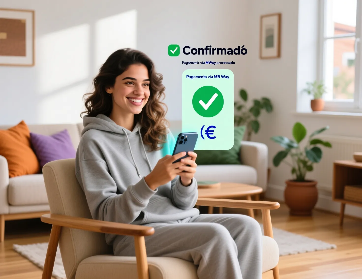 Mulher portuguesa satisfeita com confirmação de pagamento digital no smartphone