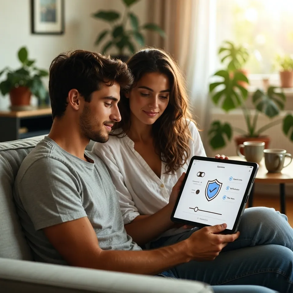 Casal português a configurar definições de proteção e limites num tablet